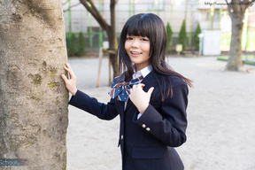 Breasty cutie Shinjo Nozomi shows her shaved pussy at school