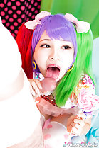 Licking cock head long hair in pigtails