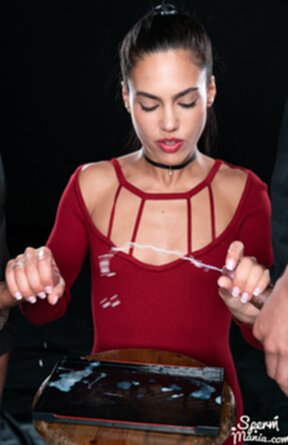 Lapiedra Apolonia on her knees giving handjobs and playing with cum