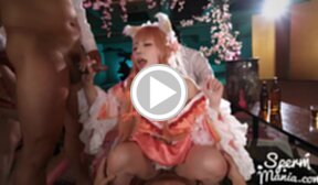 Maid Misa fondled and gangbanged riding cock shaved pussy creampied